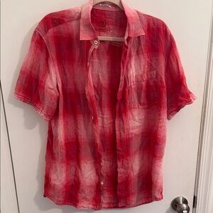 100% Linen Men's Large Red Plaid Short-Sleeve Button-Up Shirt
